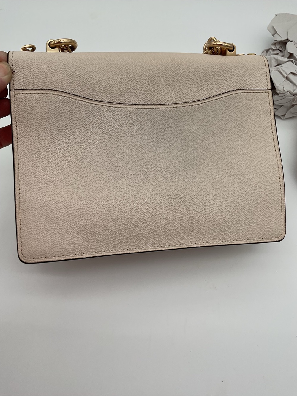 Coach Mini Klare Pebble LeatherCrossbody in Light Beige with Gold Tone Chain - Picture 14 of 16